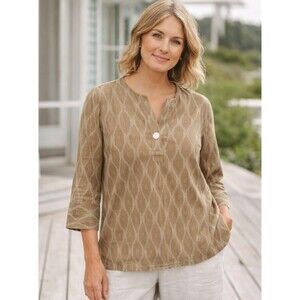 Pure Jill Ikat Tunic M Brown Cotton 3/4 Sleeve Blouse Top Casual Button Boho EUC